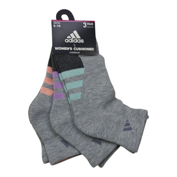 Adidas Womens Cushioned Quarter Socks 3 Pair AEROREADY Maximum Comfort Gray - Picture 1 of 6